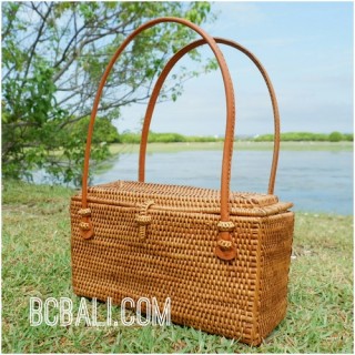 organic grass rattan hand woven bags purses handmade leather handle